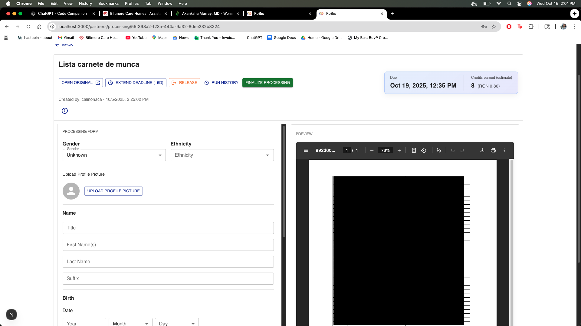 Formular procesare — partea 1