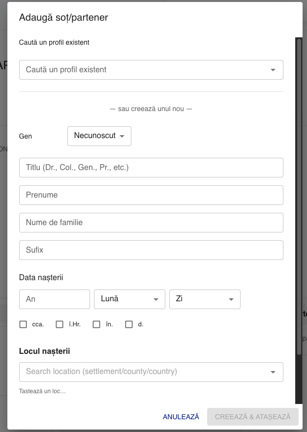 Dialog pentru creare sau atașare